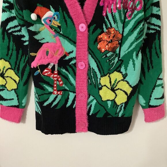 Holiday Time Fa La La Flamingo Kitsch Ugly Colorful Christmas Sweater Cardigan S - Picture 3 of 12